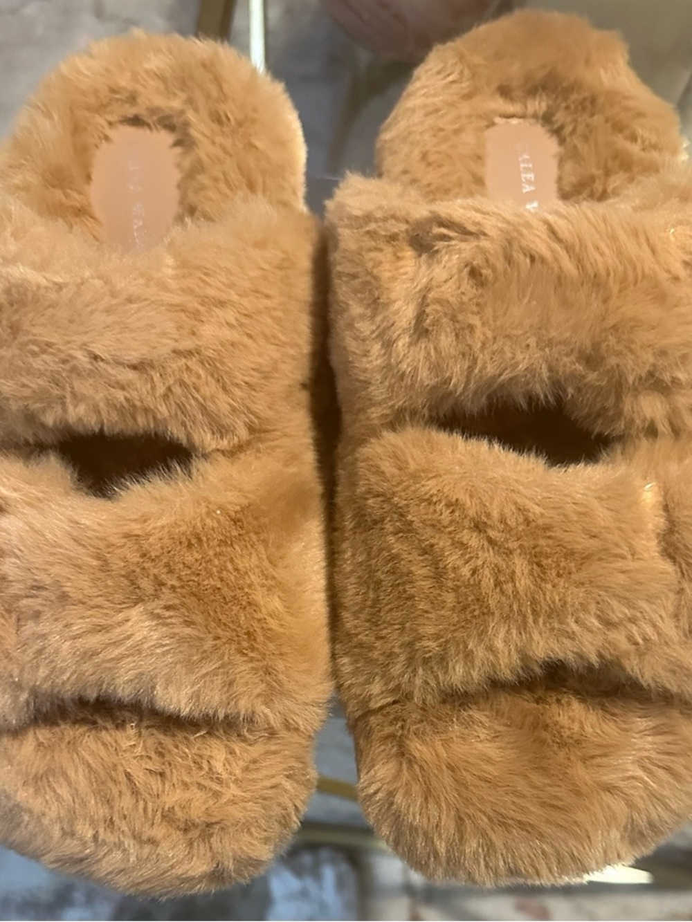 Azalea Wang Faux-Fur Slide Sandals in Tan